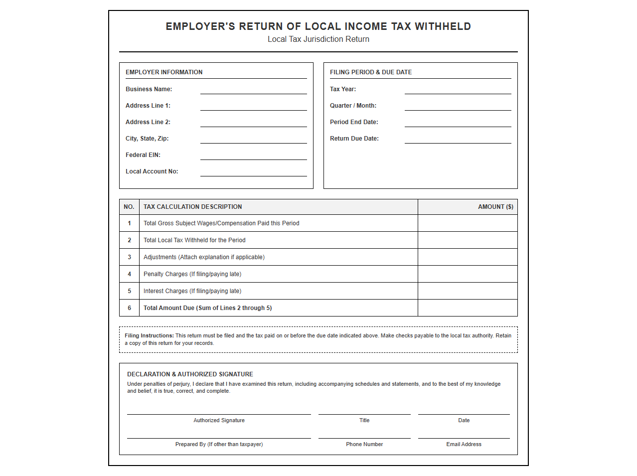 Employer Local Tax Withholding Return Template