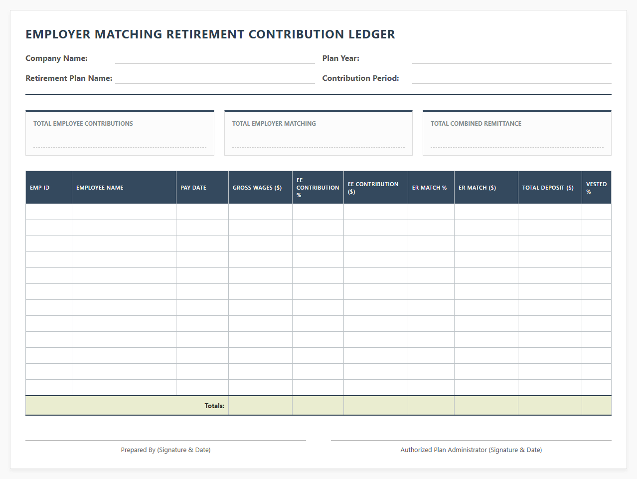 Employer Matching Retirement Contribution Ledger