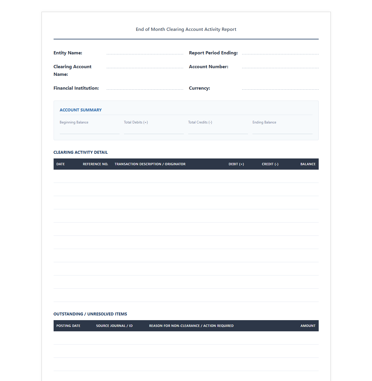 End of Month Clearing Account Activity Report