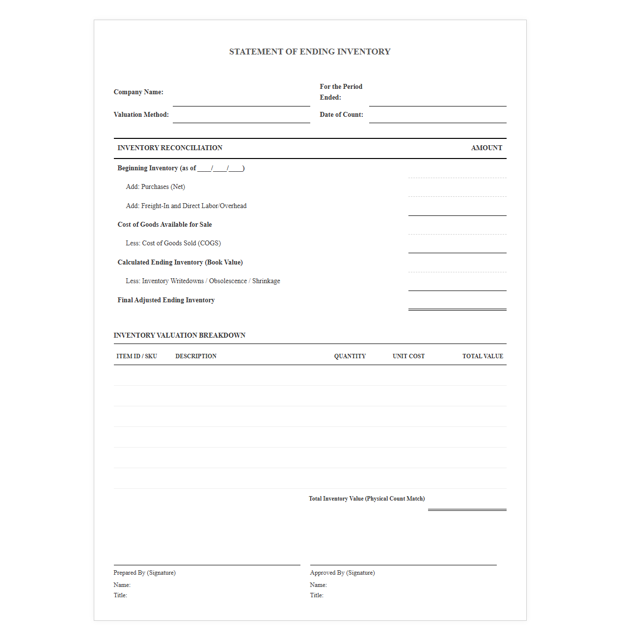 Ending Inventory Financial Statement Template