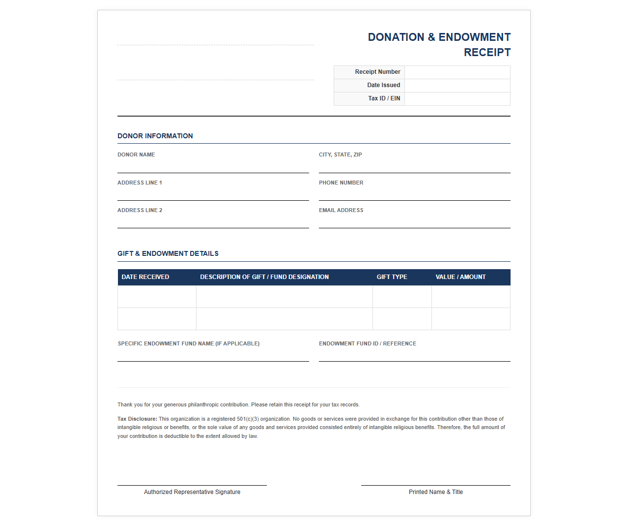 Endowment and Gift Receipt Template