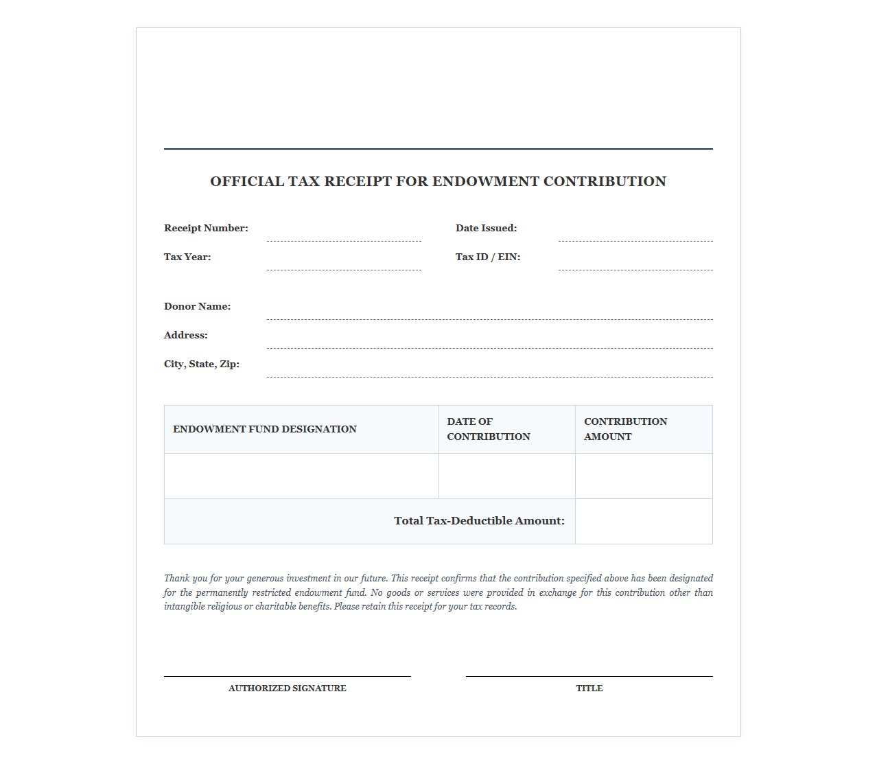 Endowment Giving Tax Receipt Template