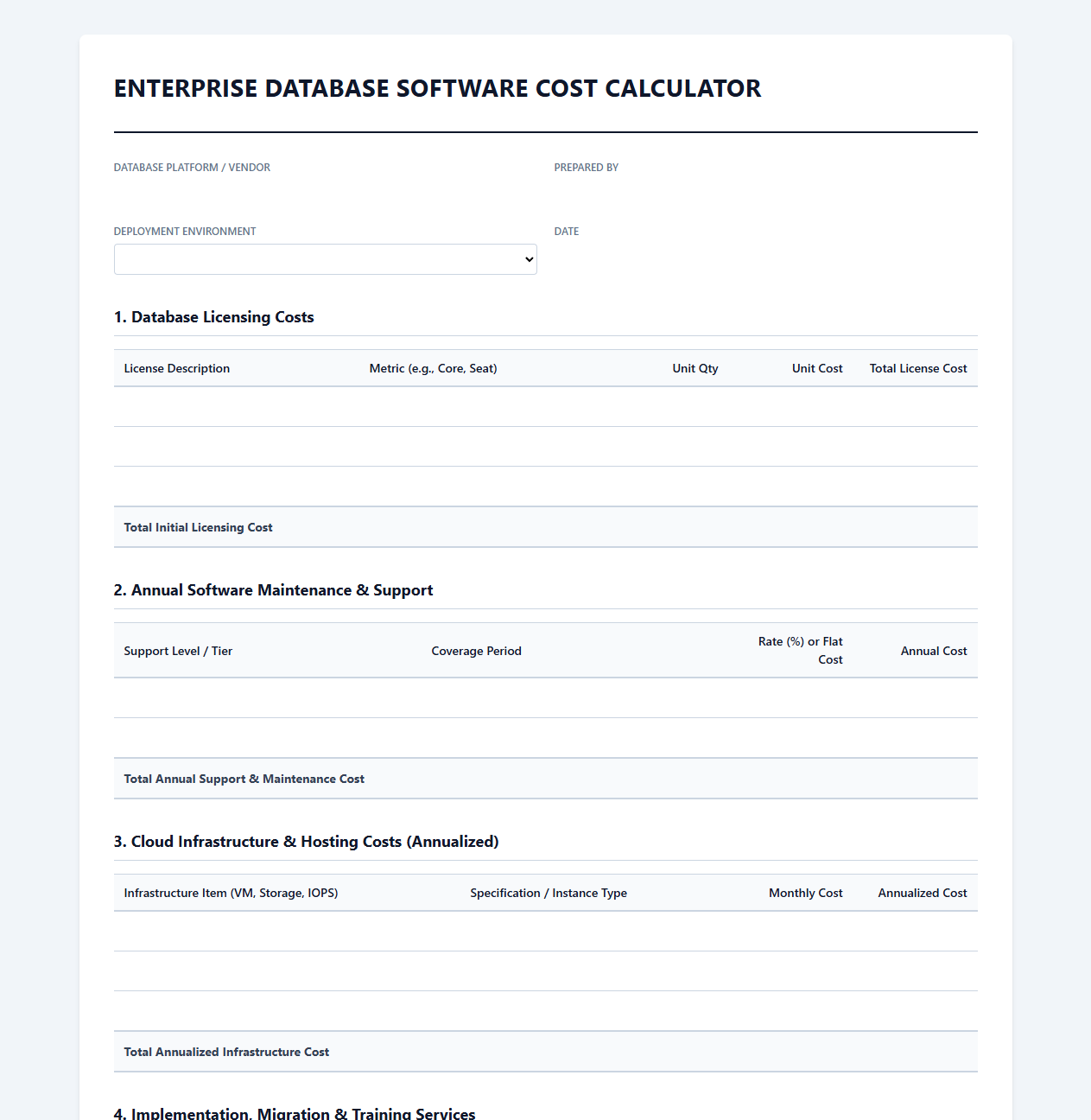 Enterprise Database Software Cost Calculator