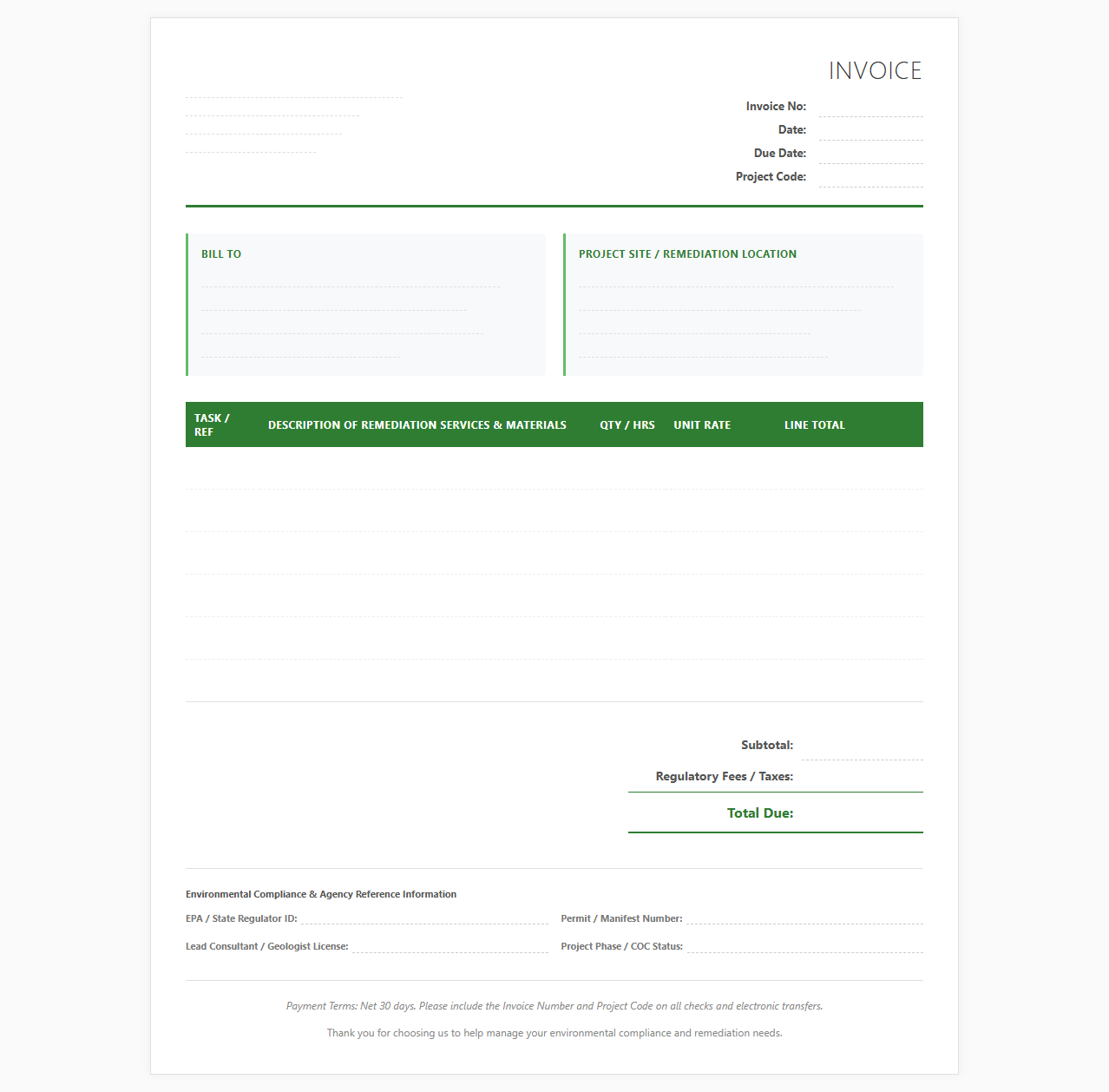 Environmental Remediation Project Invoice