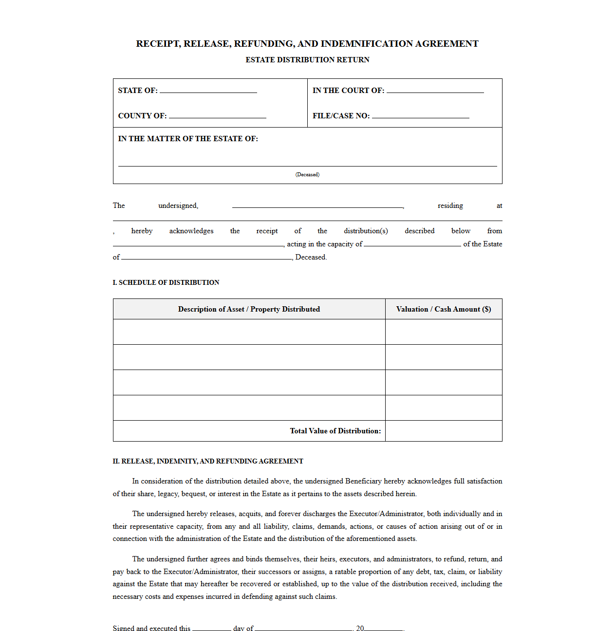 Estate Distribution Return and Release Template