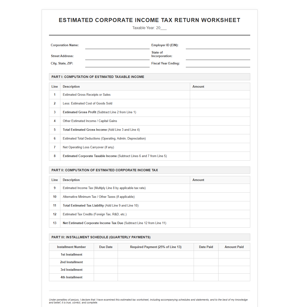 Estimated Corporate Income Tax Return Worksheet