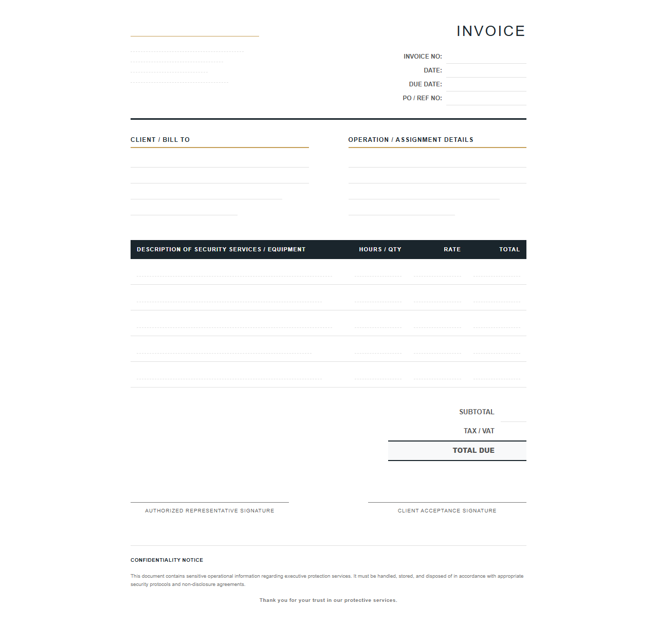 Executive Protection and Bodyguard Service Invoice