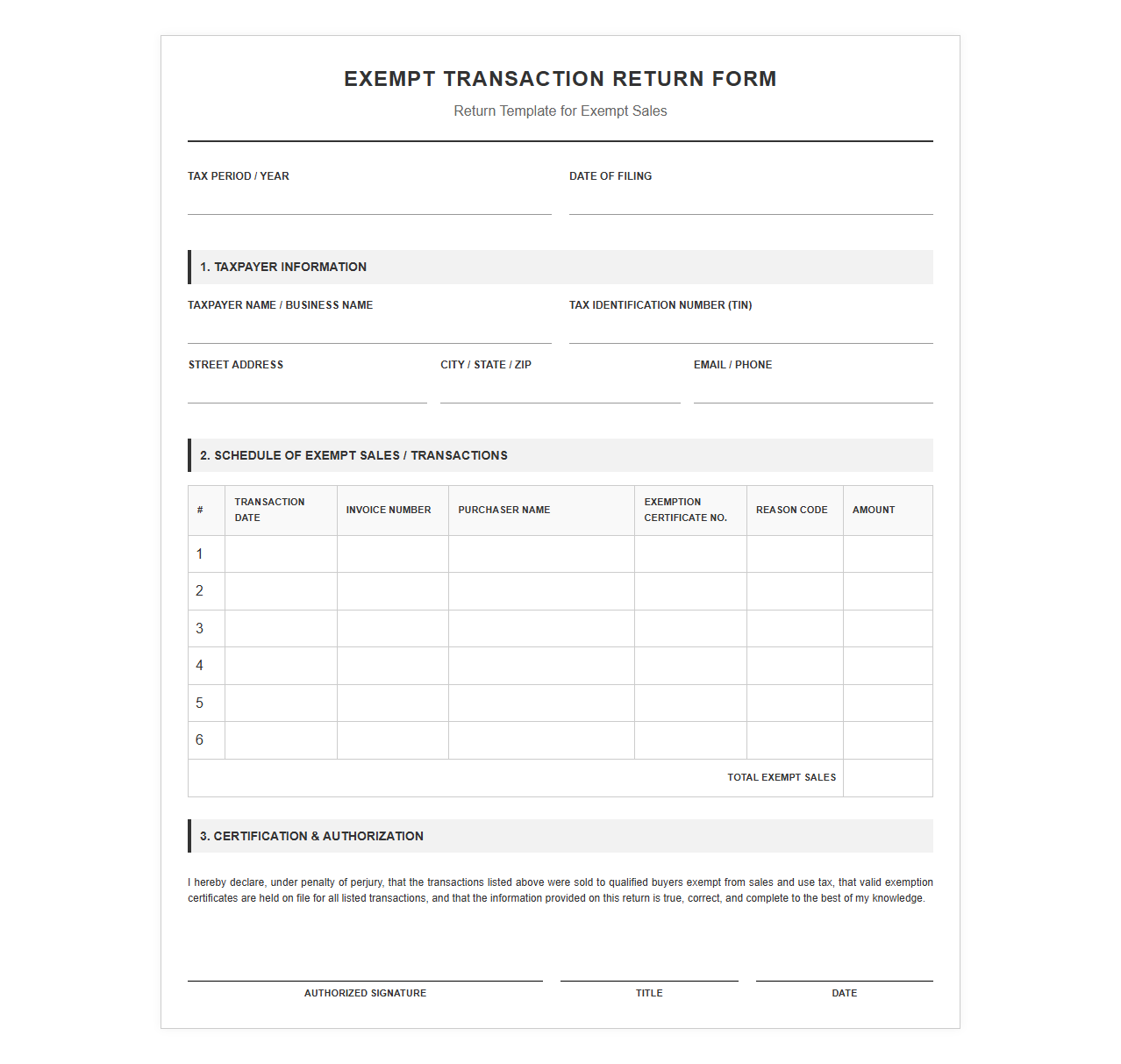 Exempt Transaction Return Form