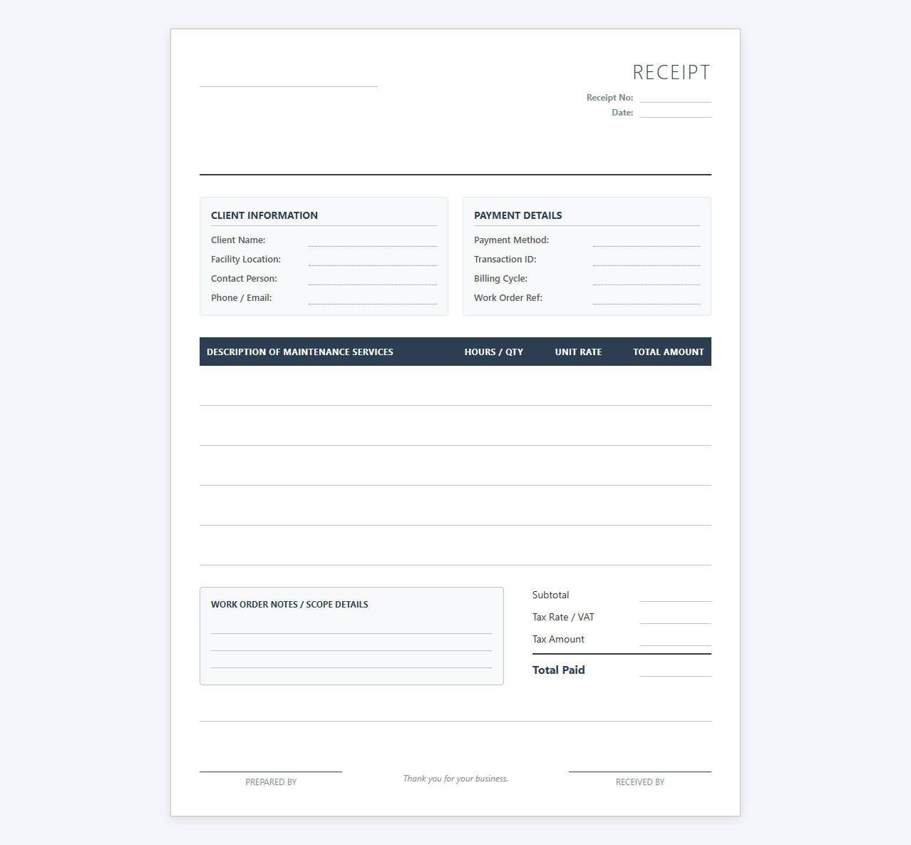 Facility Maintenance Billing Receipt