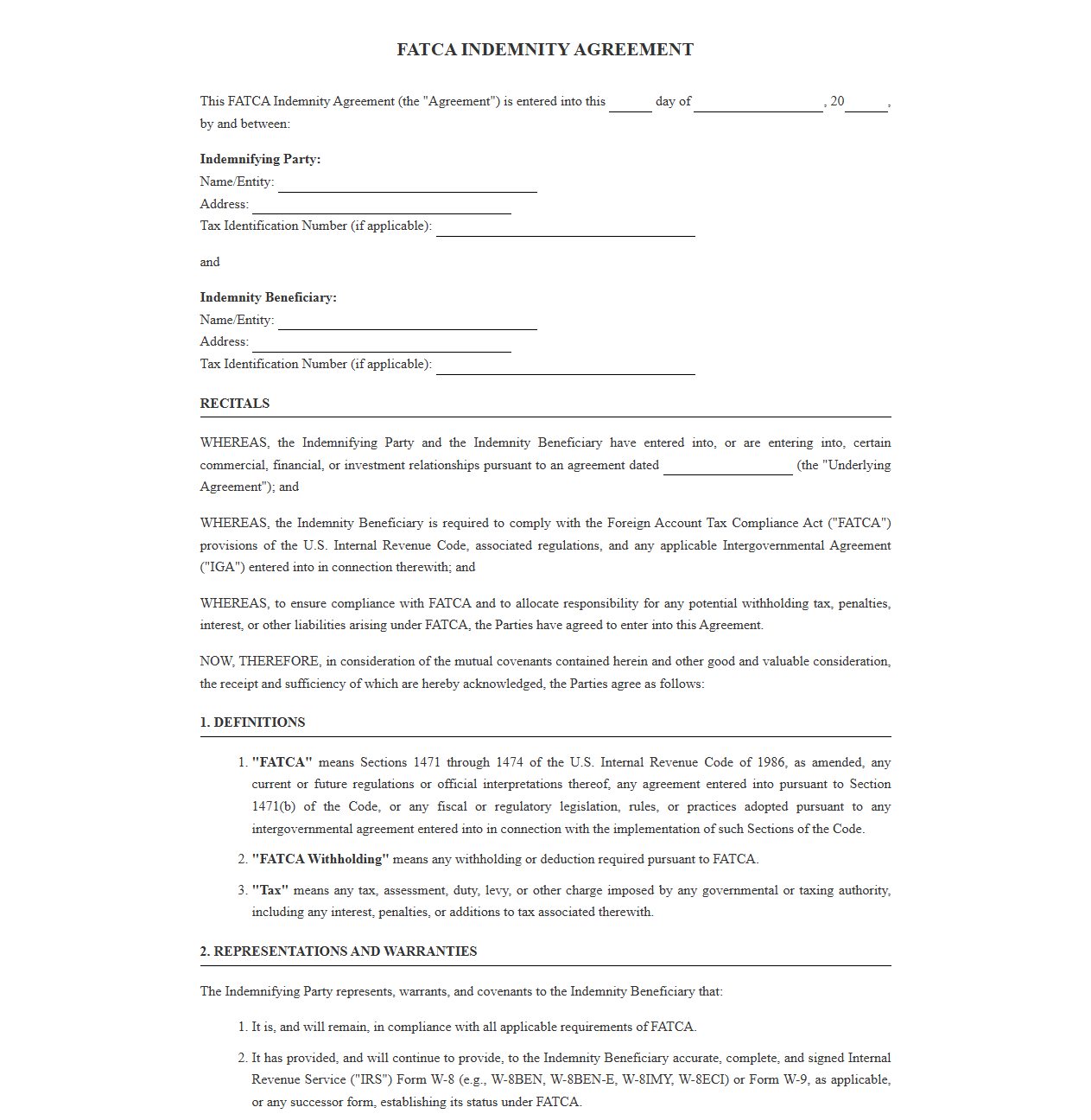 FATCA Indemnity Agreement Template