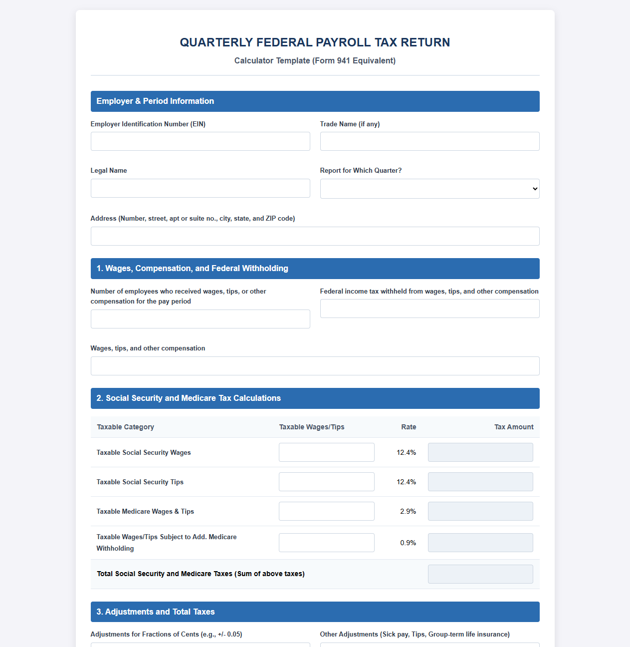 Federal Quarterly Payroll Tax Return Calculator Template