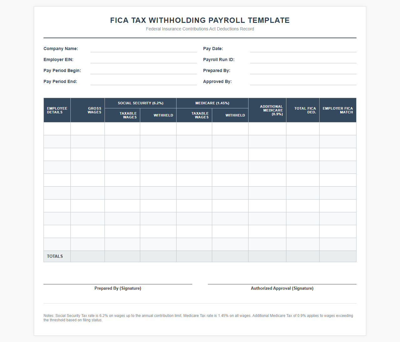 FICA Tax Withholding Payroll Template