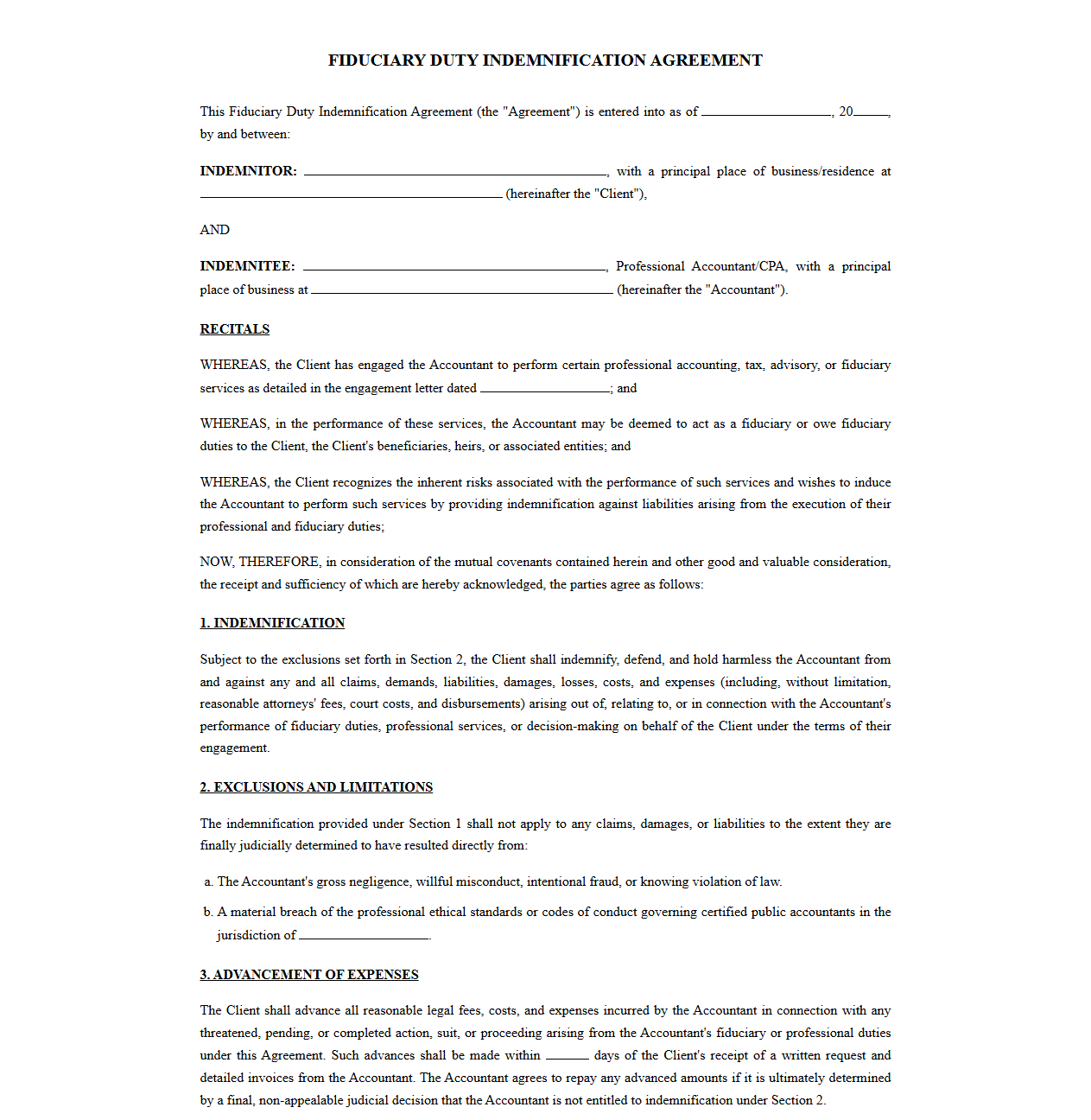 Fiduciary Duty Indemnification Contract for Accountants