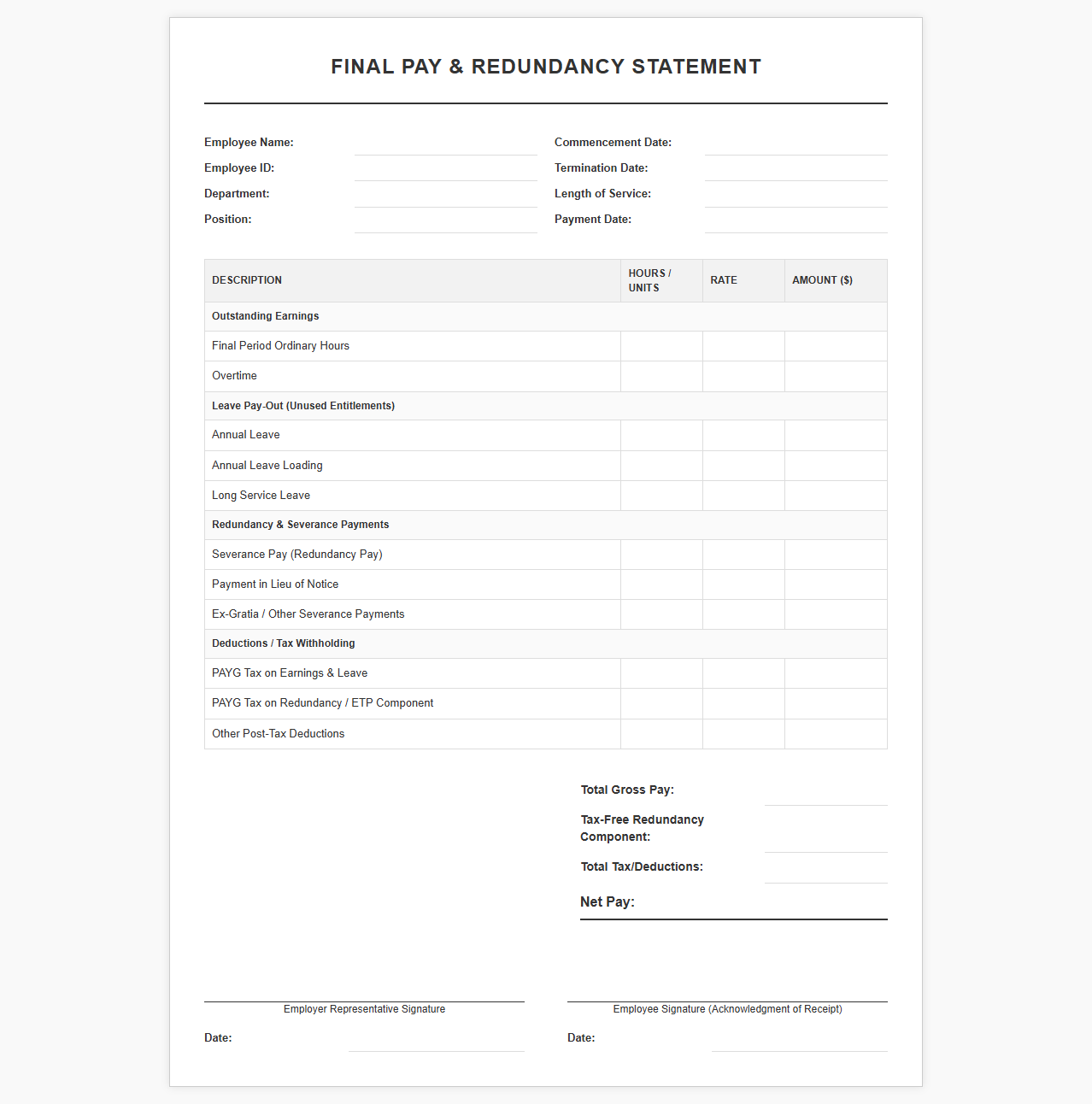 Final Pay and Redundancy Payroll Template