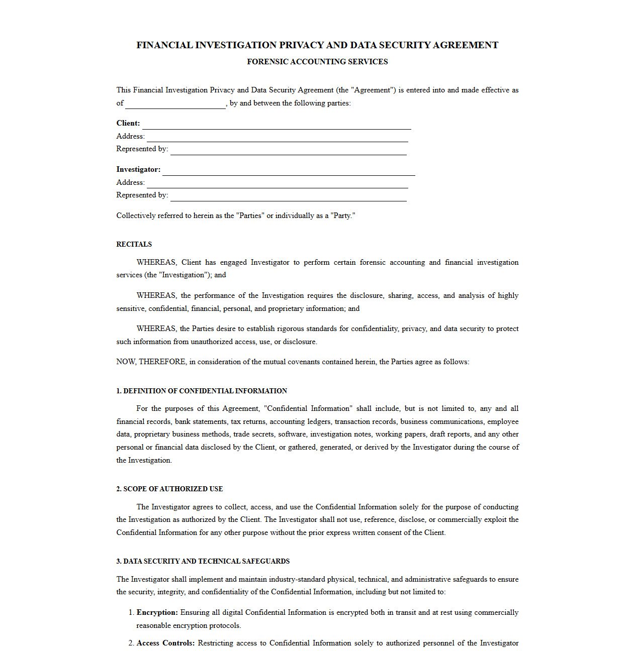 Financial Investigation Privacy and Data Security Agreement