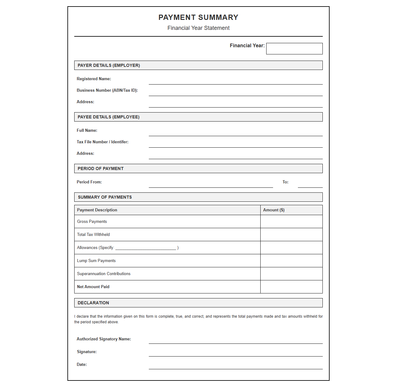 Financial Year Payment Summary Statement Form