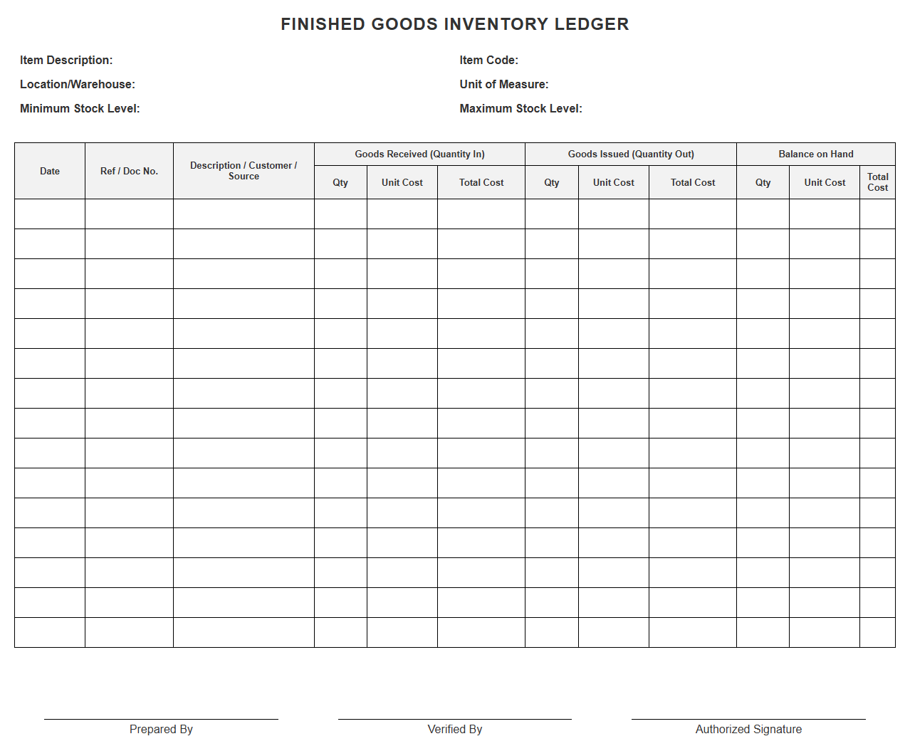 Finished Goods Inventory Ledger Sheet