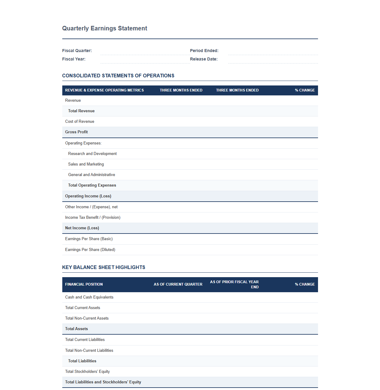Fiscal Quarter Earnings Statement Layout
