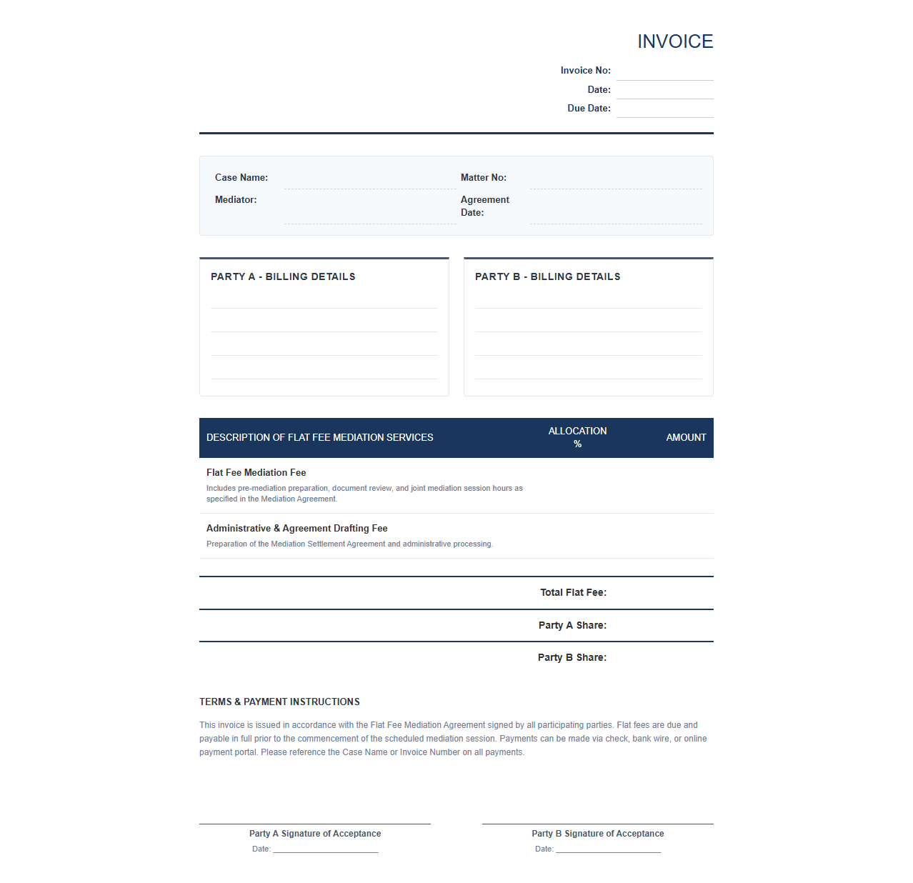 Flat Fee Mediation Agreement Invoice