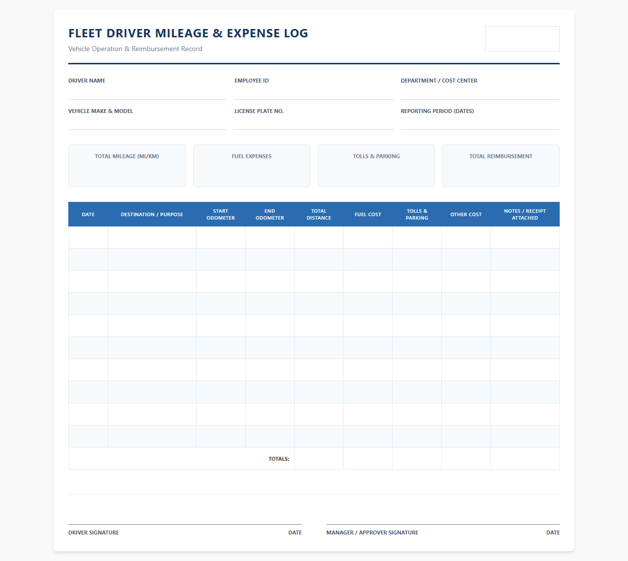 Fleet Driver Mileage and Expense Template