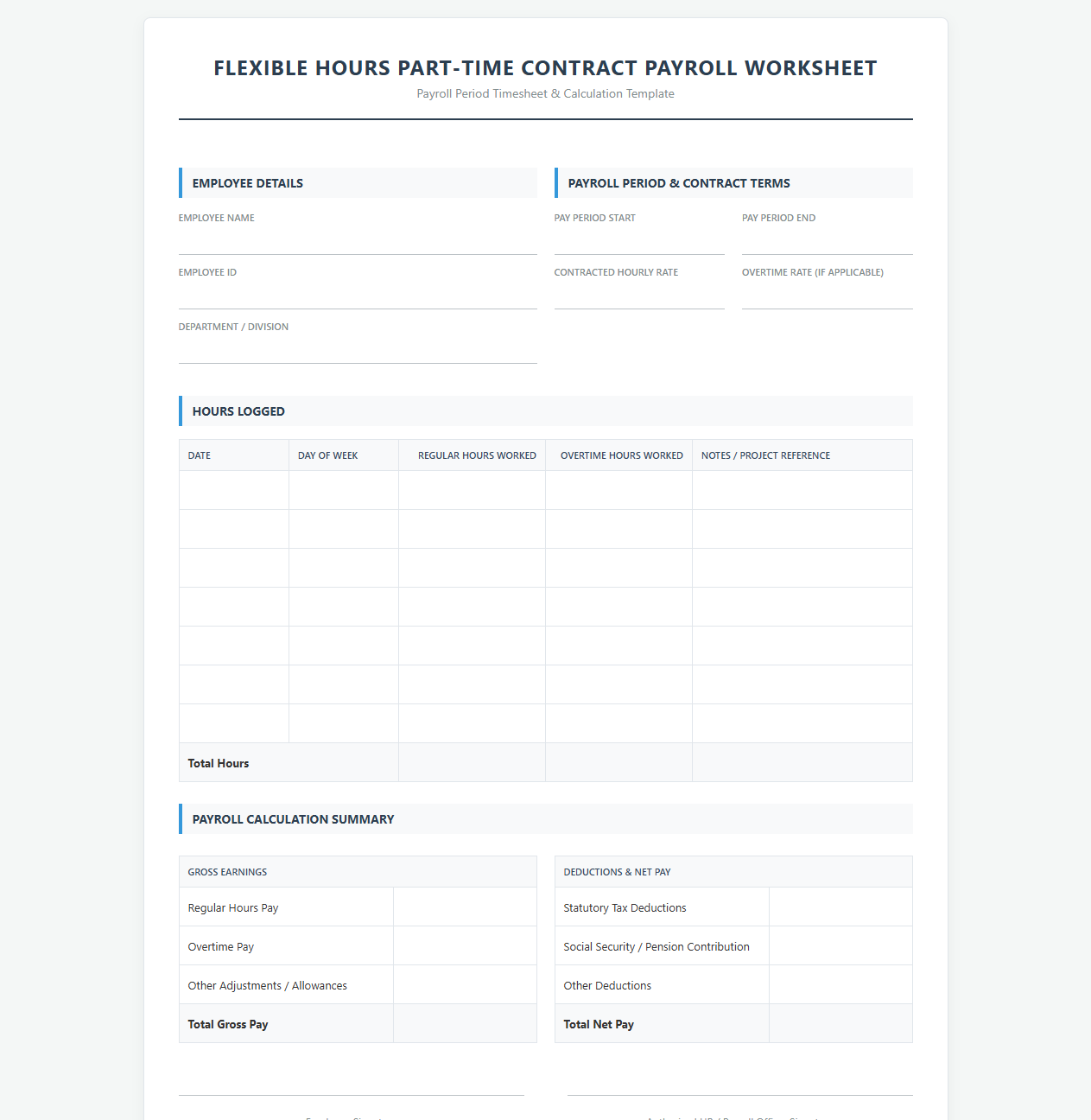 Flexible Hours Part-Time Contract Payroll Worksheet