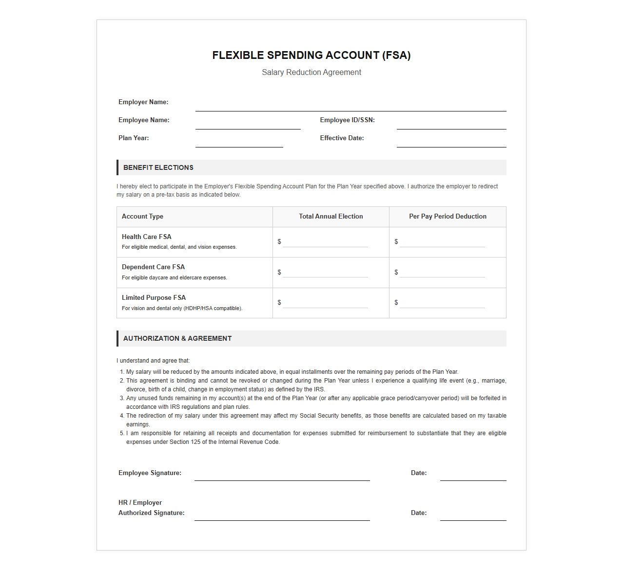 Flexible Spending Account Salary Reduction Agreement