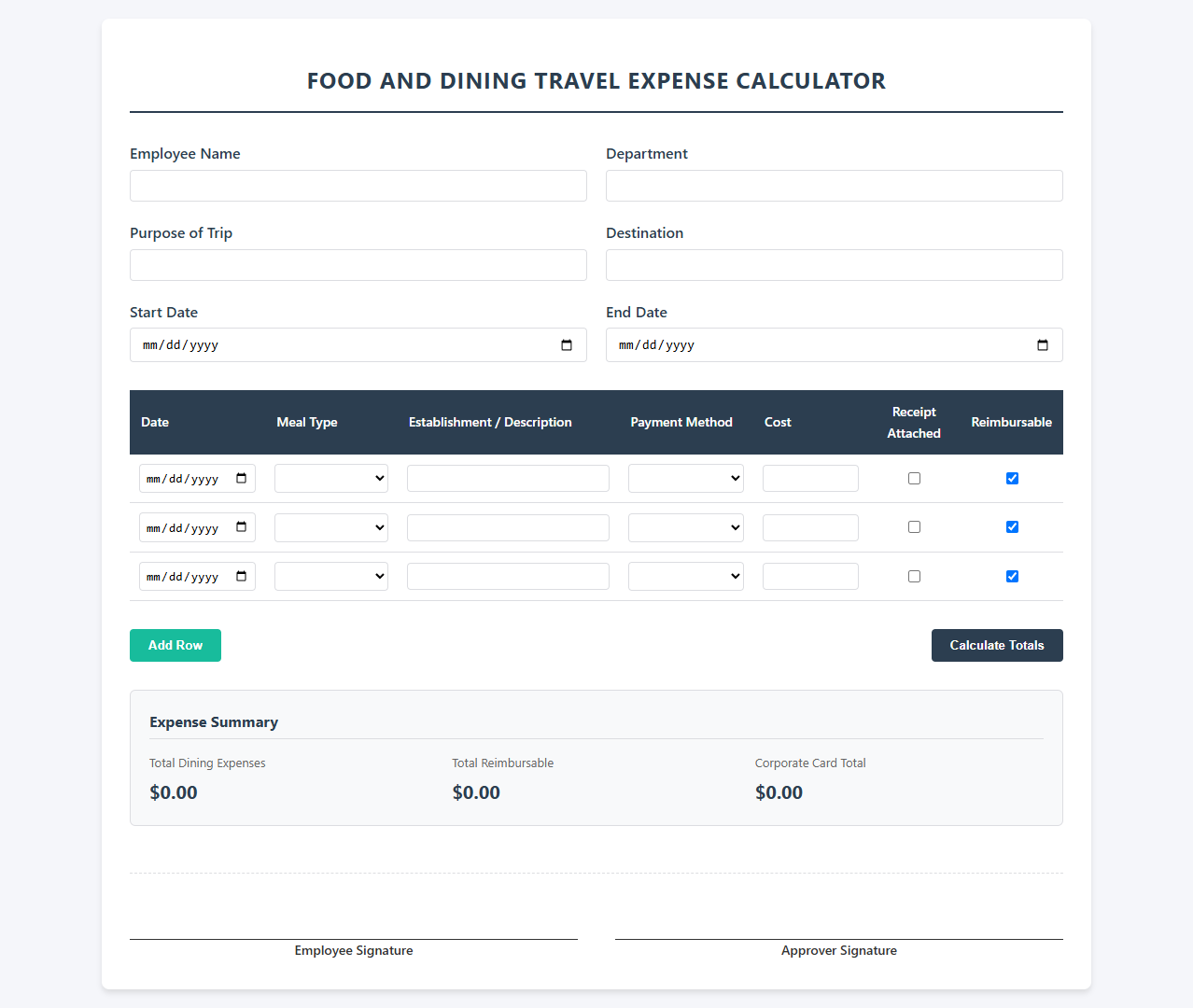 Food and Dining Travel Expense Calculator