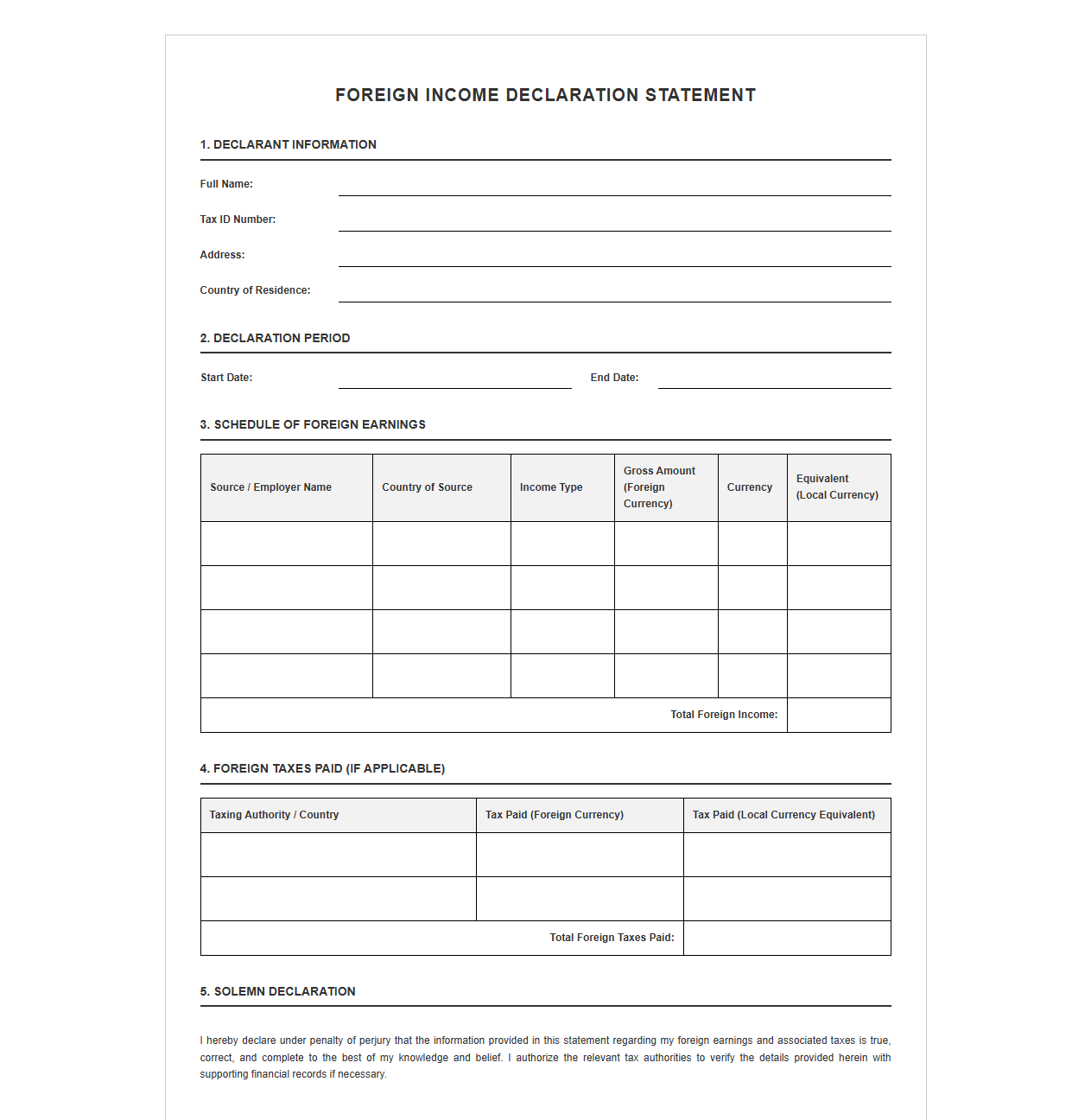 Foreign Income Declaration Statement Template