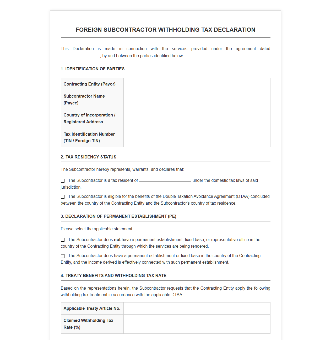 Foreign Subcontractor Withholding Tax Declaration Template