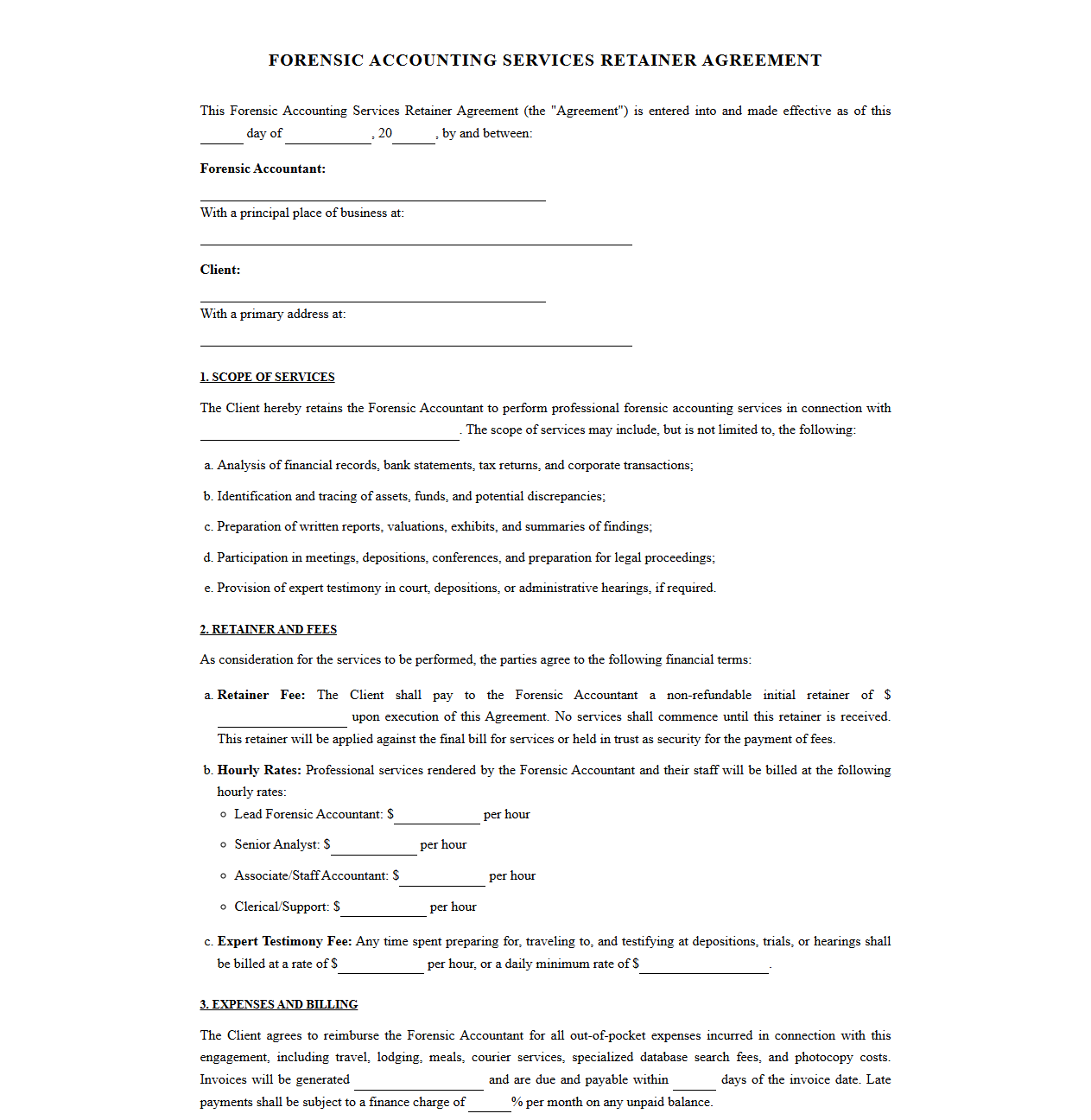 Forensic Accounting Services Retainer Contract