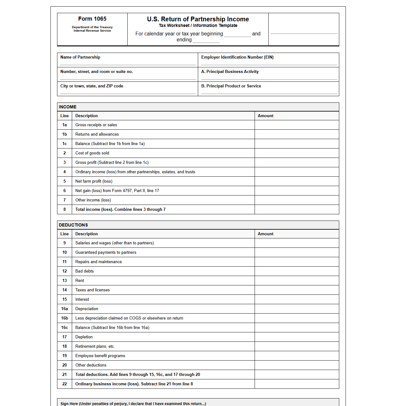 Form 1065 Partnership Tax Worksheet and Template