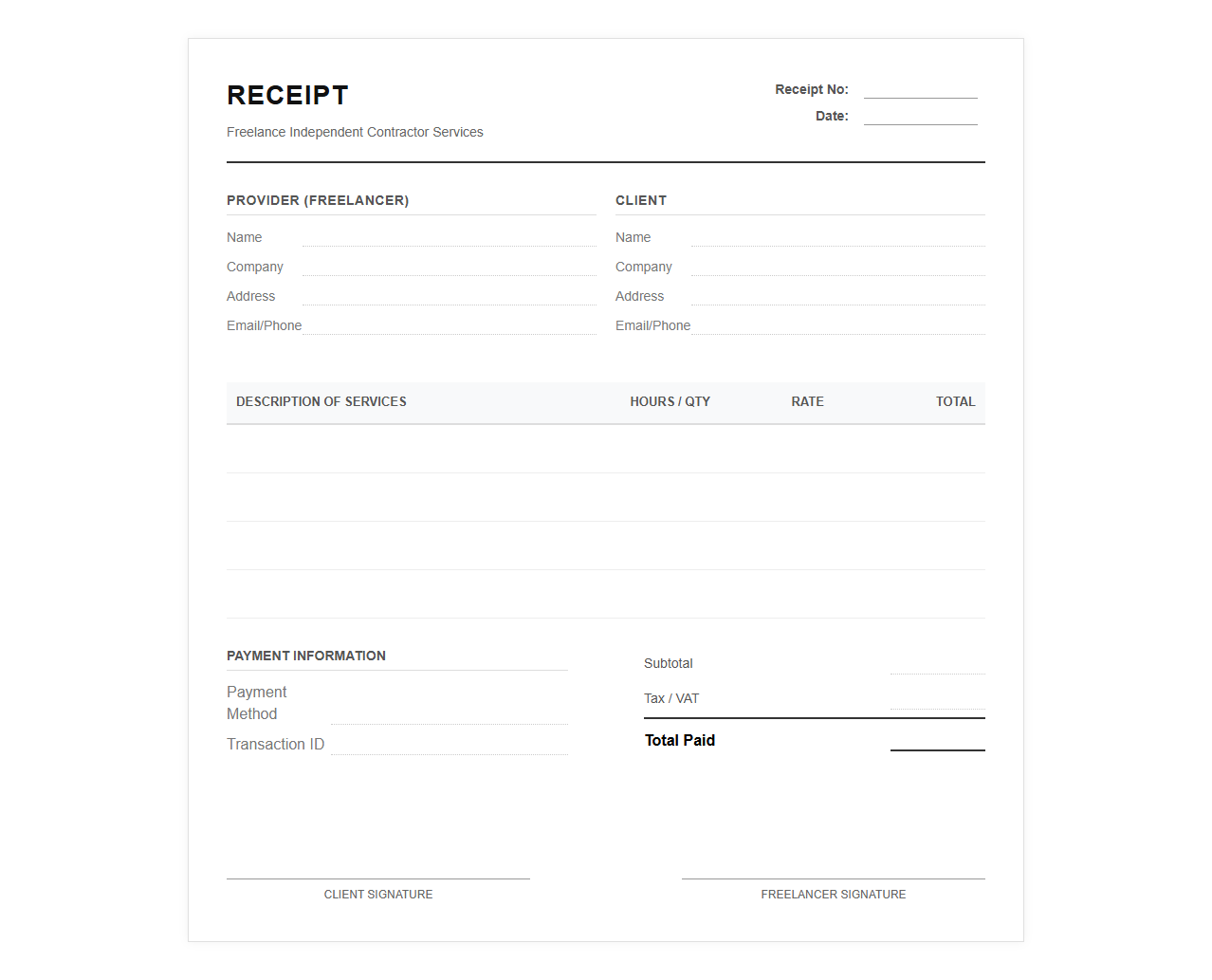 Freelance Independent Contractor Services Receipt