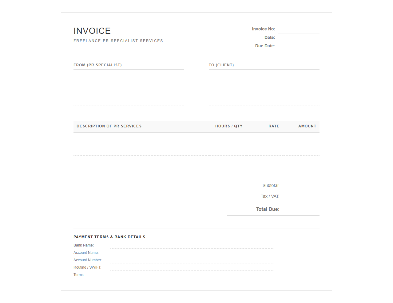 Freelance PR Specialist Invoice Template