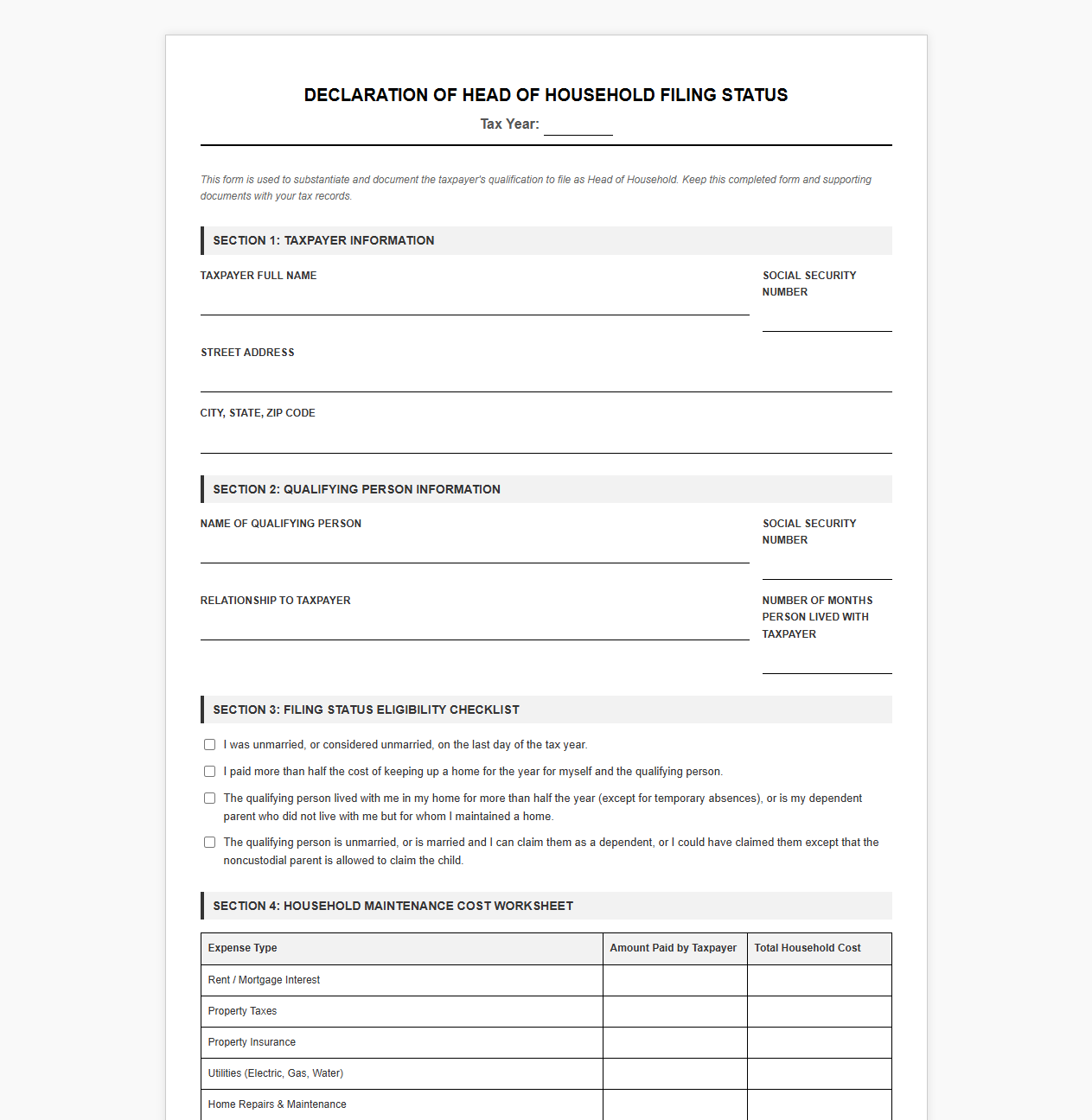 Head of Household Tax Filing Status Template