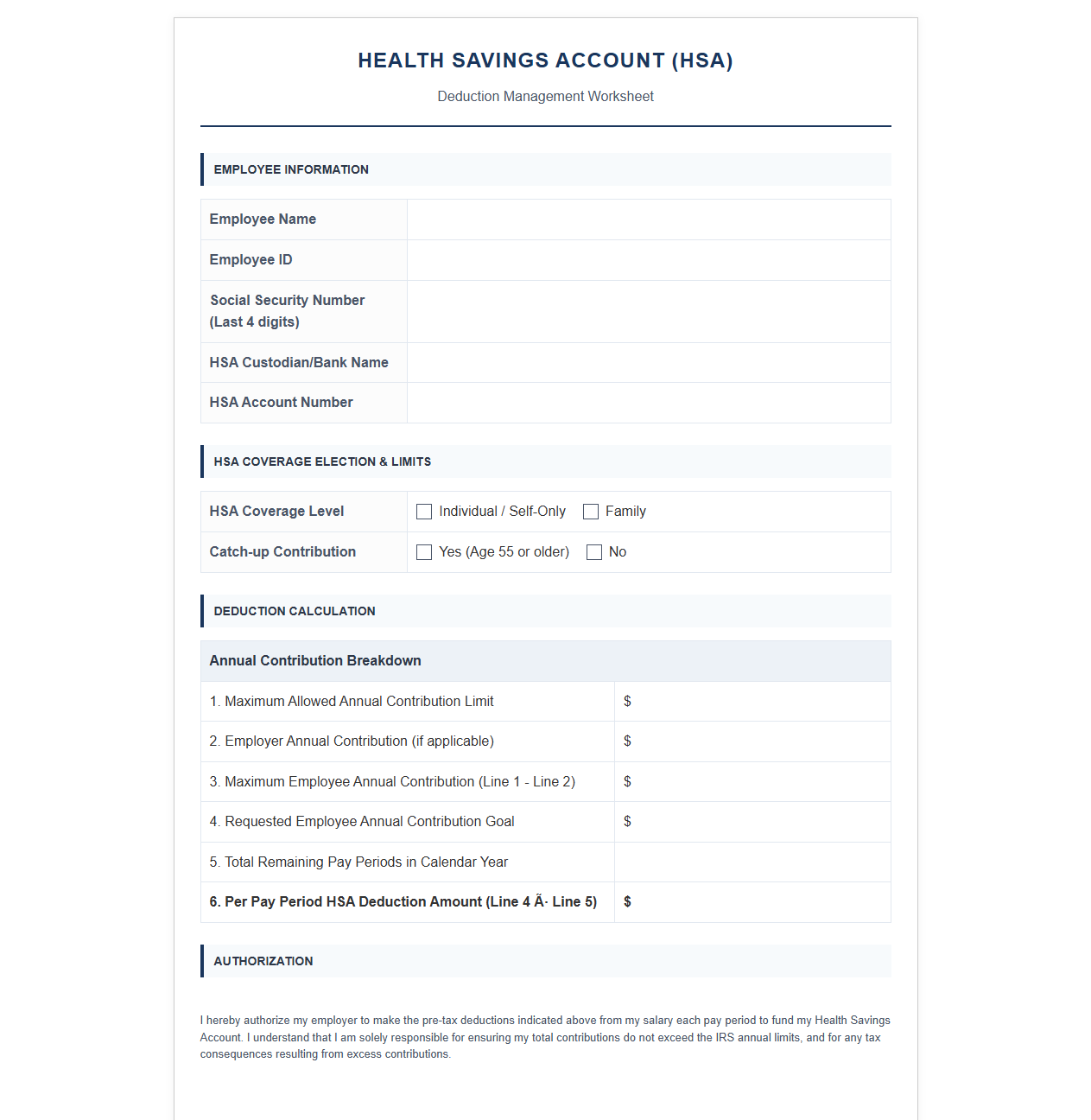 Health Savings Account Deduction Management Worksheet