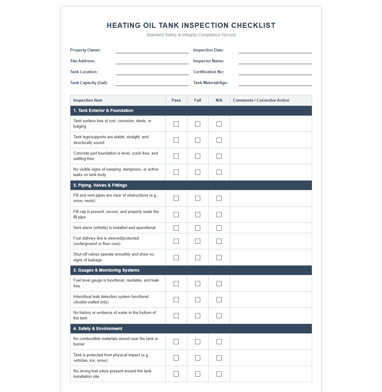 Heating Oil Tank Inspection Checklist