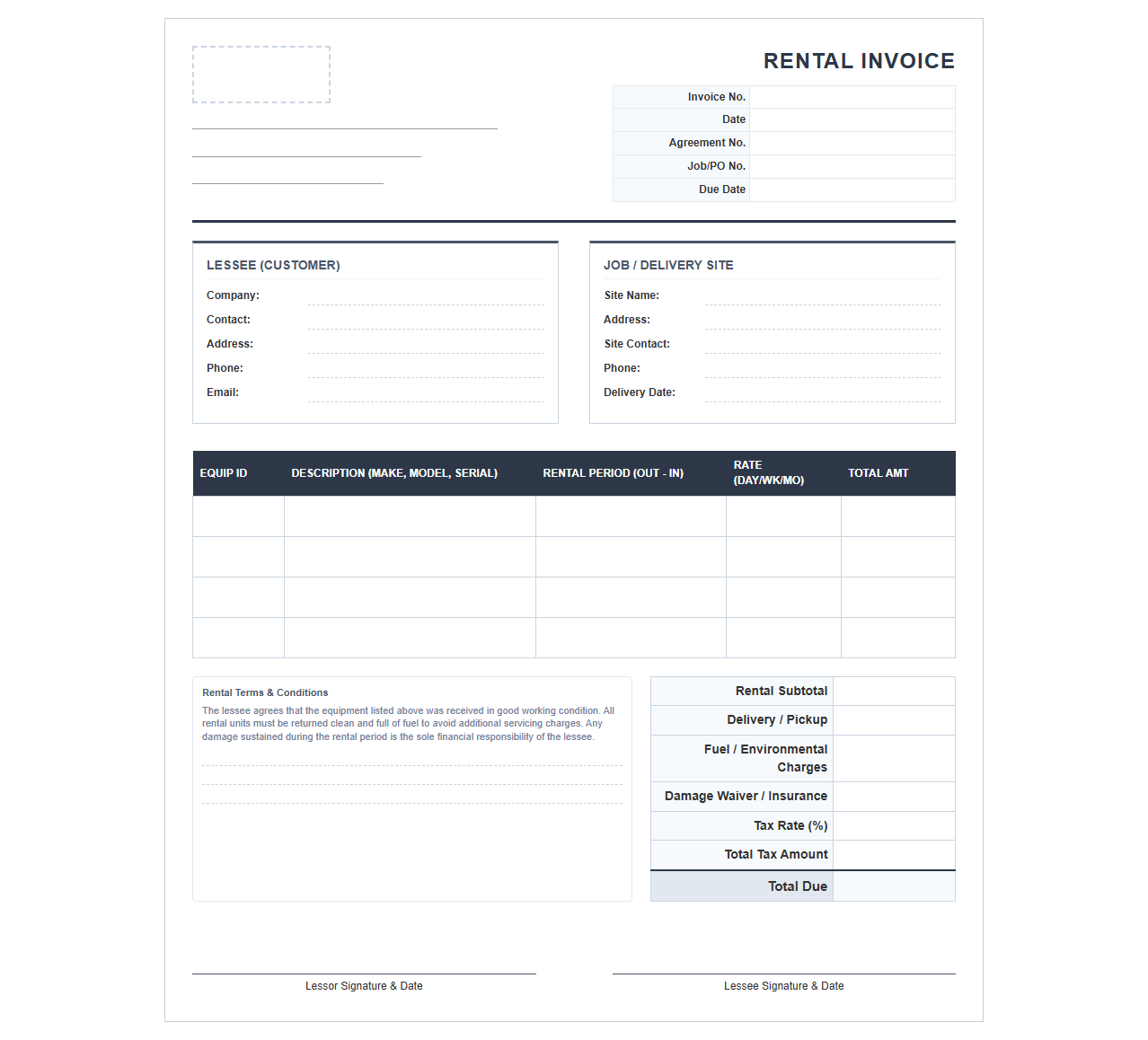 Heavy Equipment Rental Agreement Invoice
