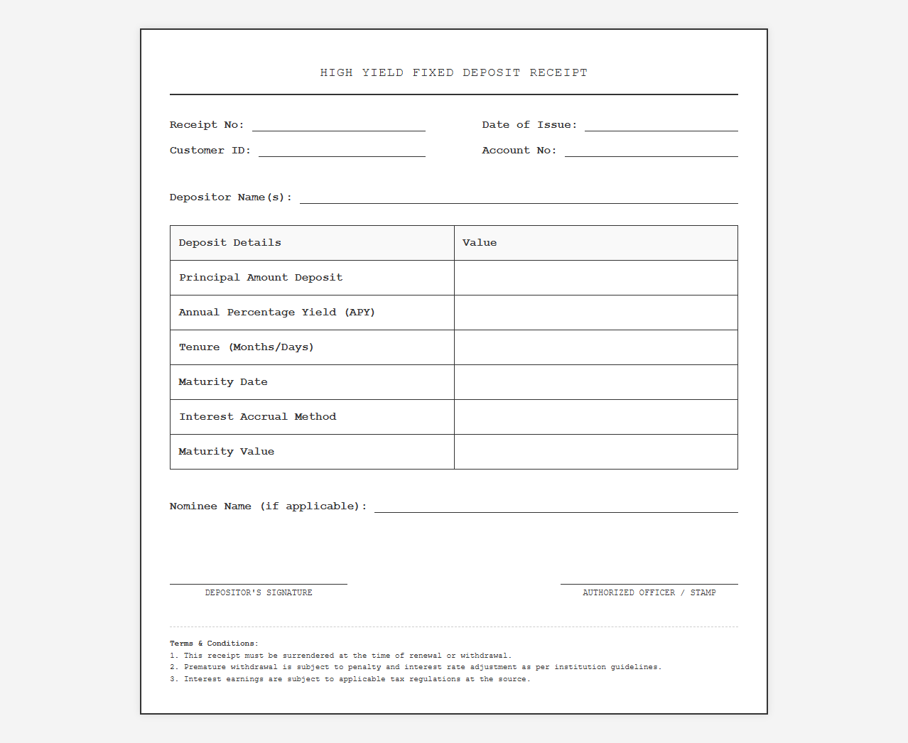 High Yield Fixed Deposit Receipt Template