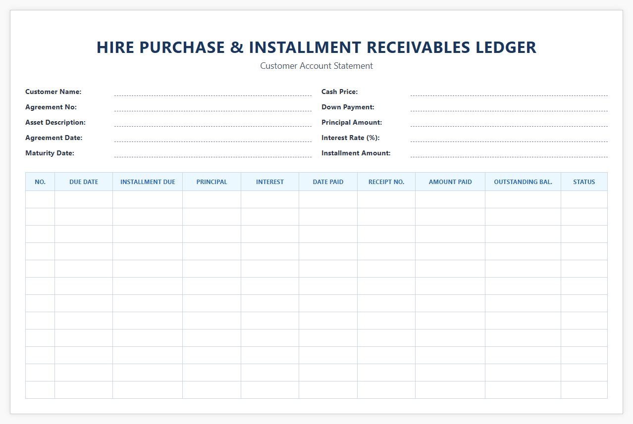 Hire Purchase and Installment Receivables Ledger
