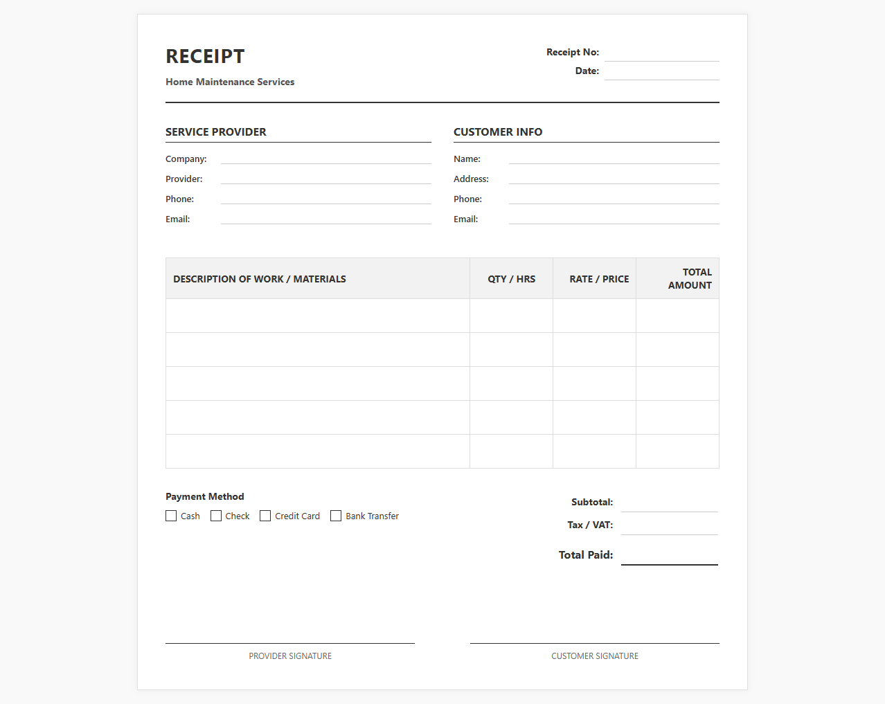 Home Maintenance Work Receipt