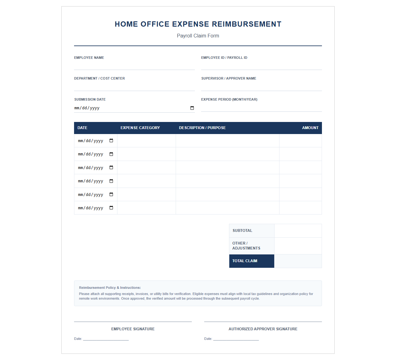 Home Office Expense Payroll Reimbursement Form