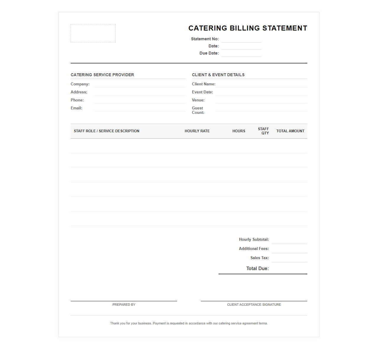 Hourly Catering Service Billing Statement