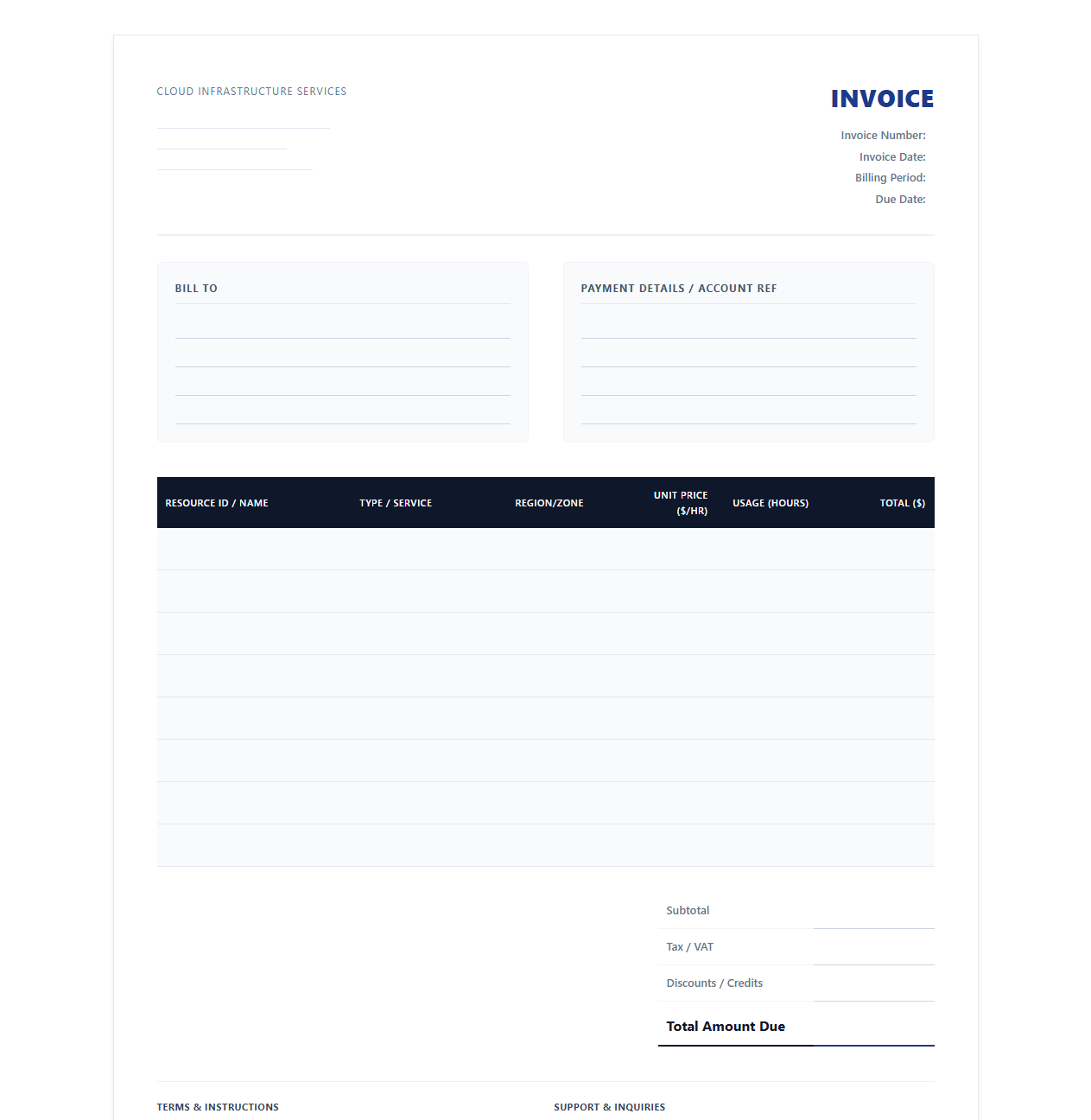 Hourly Cloud Resource Billing Invoice Template