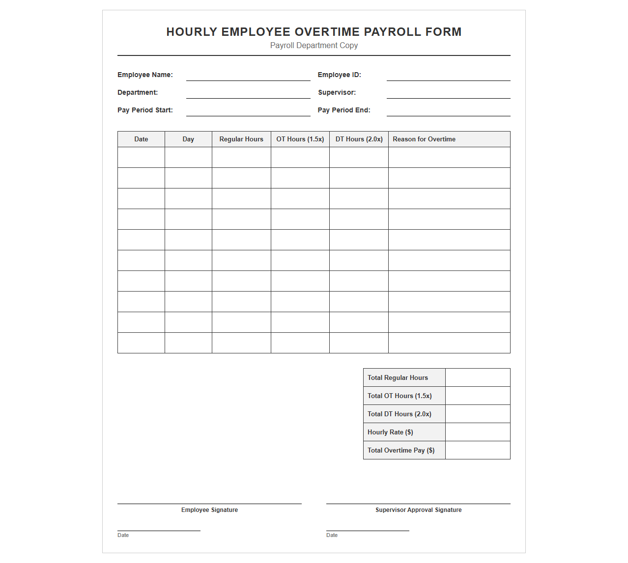Hourly Employee Overtime Payroll Form