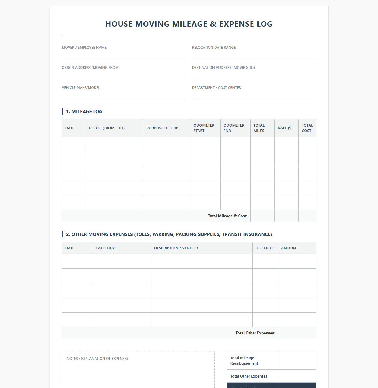 House Moving Mileage and Expense Log