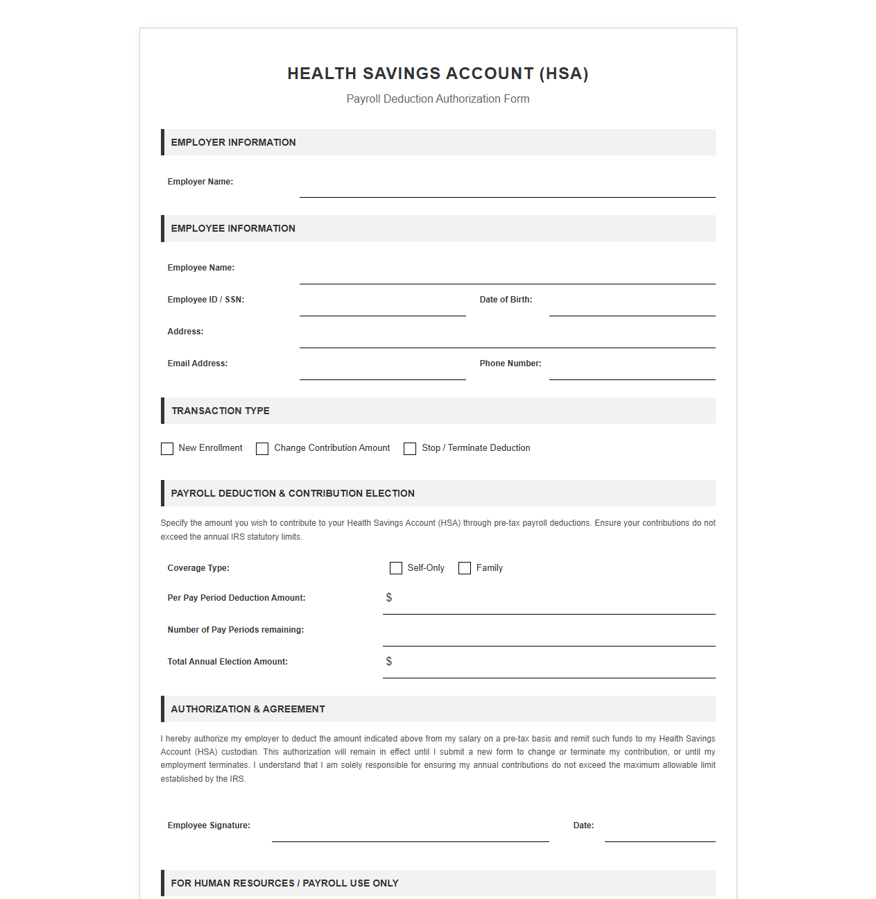 HSA Payroll Deduction Authorization Form