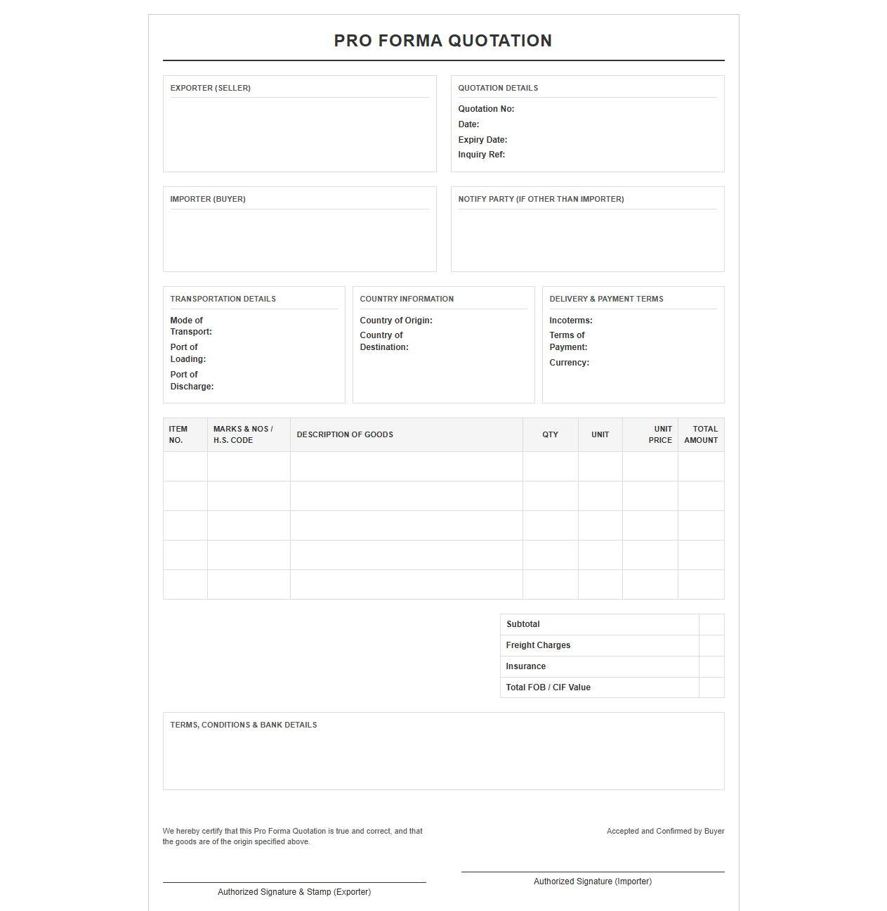 Import Export Pro Forma Quotation Form
