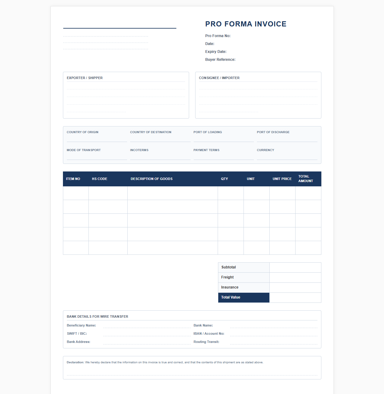 Import Export Pro Forma Transaction Template