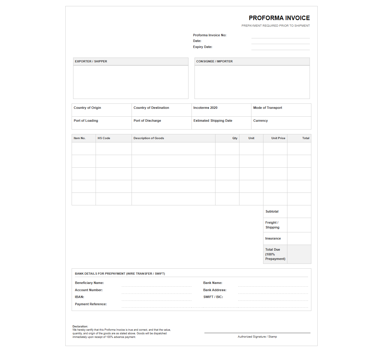 Import Export Proforma Invoice for Prepayment
