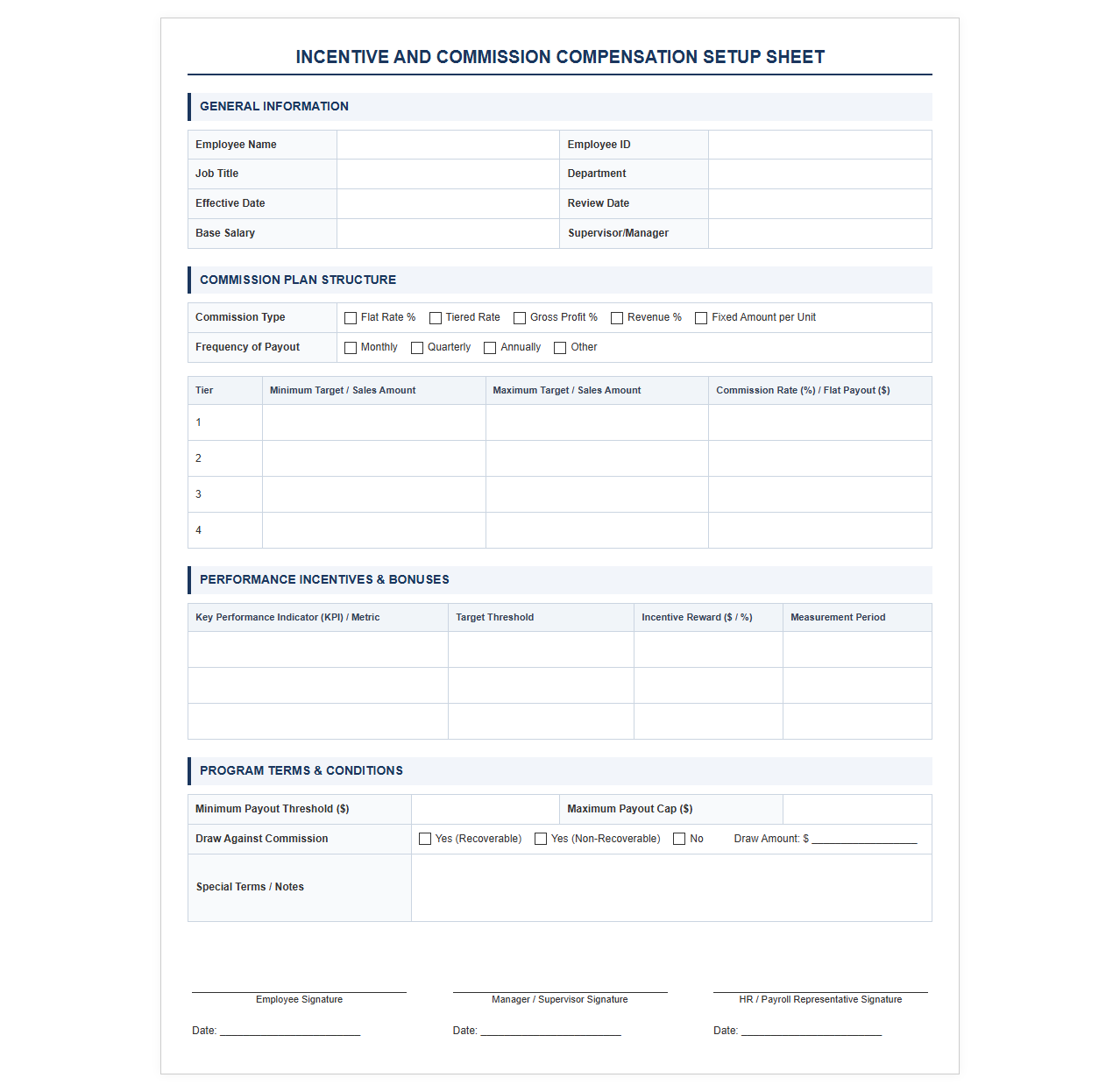 Incentive and Commission Compensation Setup Sheet